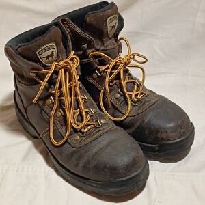 Irish Setter Brown Leather Work Boots with Yellow Laces.Ultra Dry Waterproof.